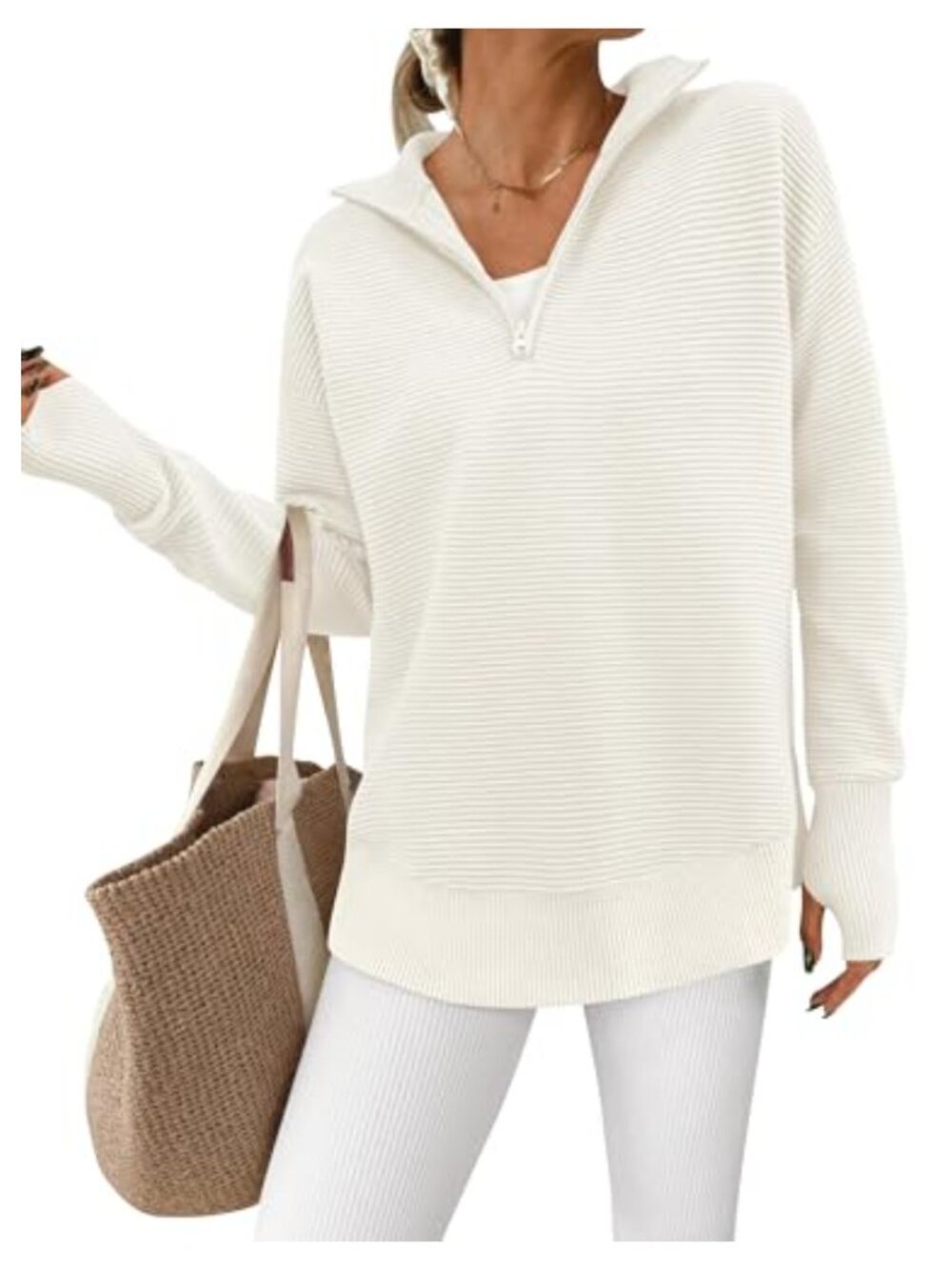 Womens Quarter Zip Pullover Sweater Ribbed Knit V Neck Thumb Hole Top